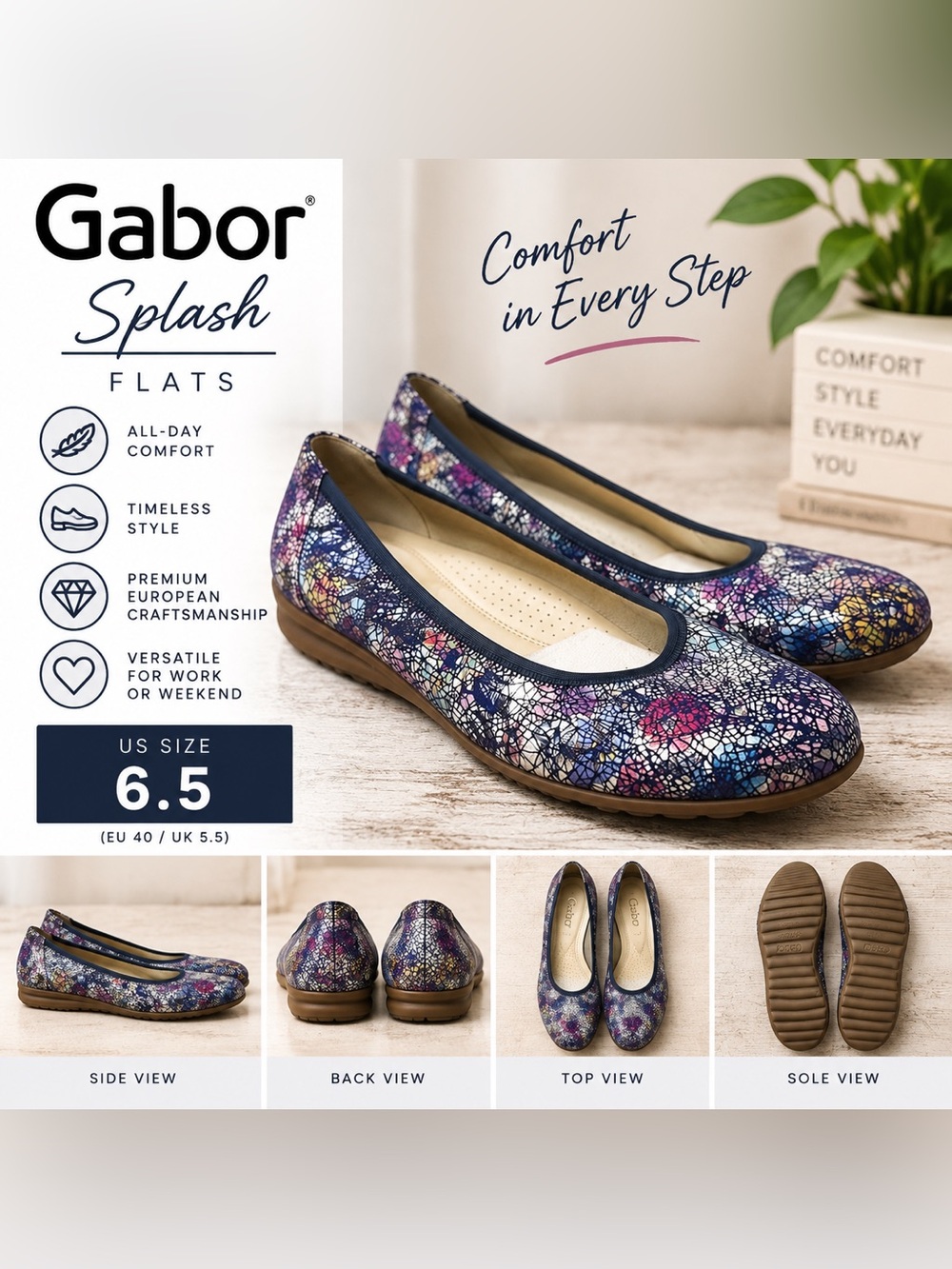 GABOR Splash Flats Women’s Ballet Flats Multicolor Crackle Print Size 5.5 (US 6.